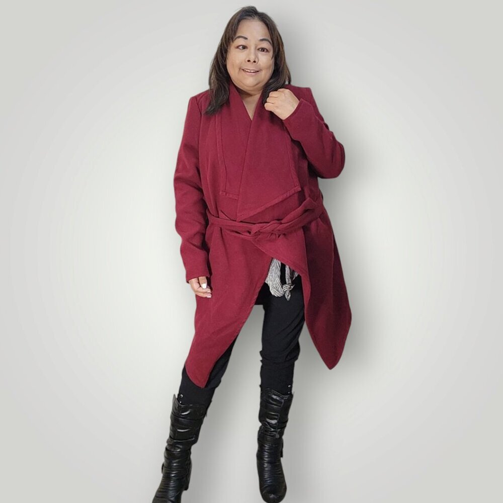 Revamped Red Wrap Style Trench Coat Wide Collar Waterfall Lapel Women's Medium - Picture 3 of 8